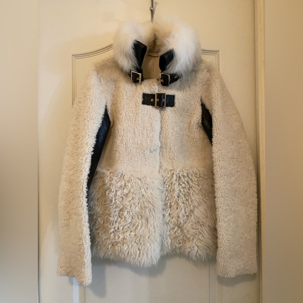 INTERMIX Cream Shearling Jacket with Black Leather Trim